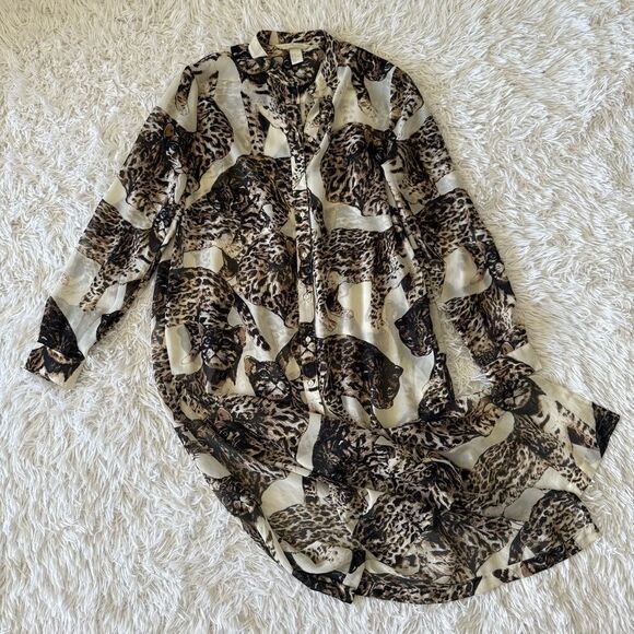 H&M Cream Leopard Cat Print Long Sleeve Midi Shirt Dress Size 8 - Picture 5 of 7